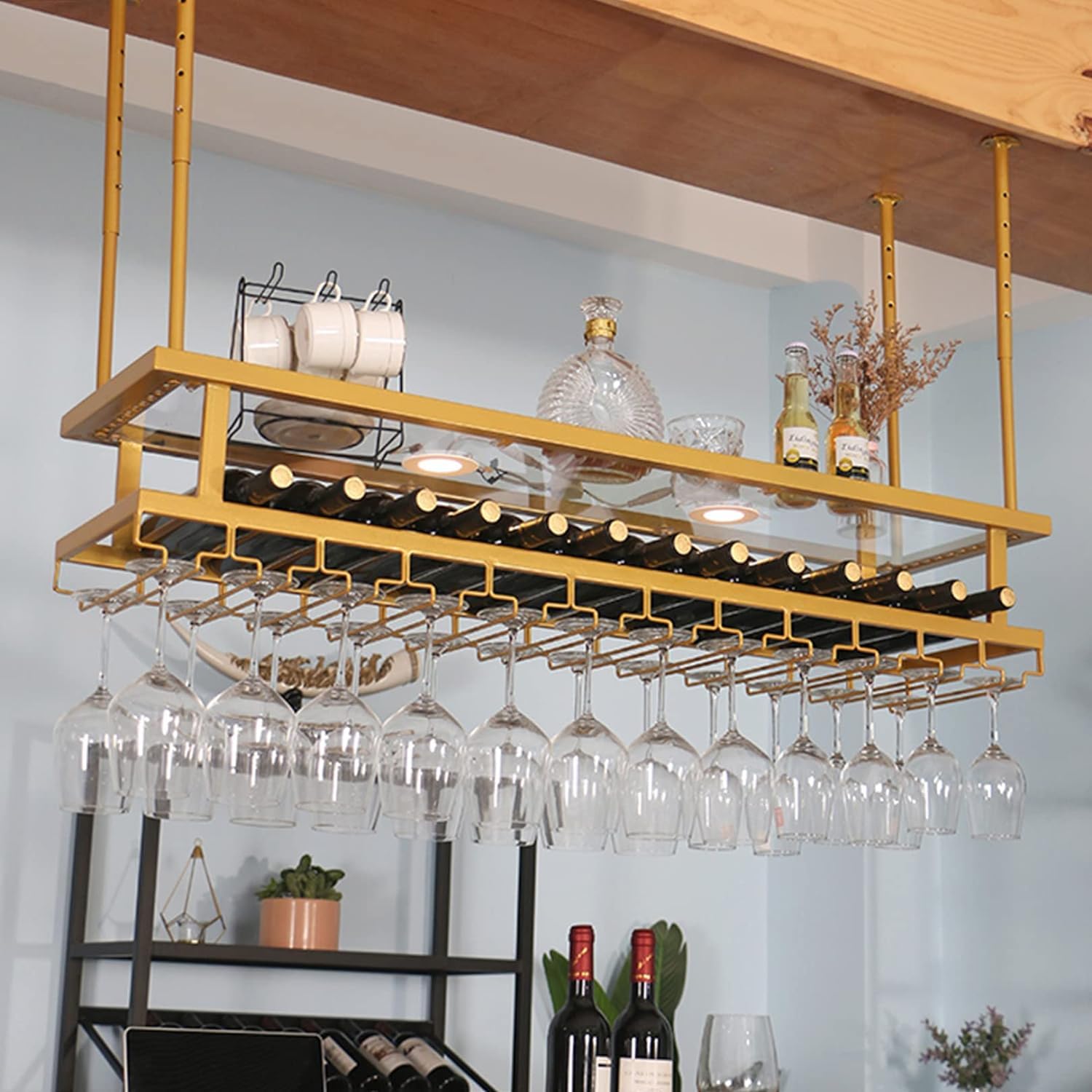 Amazon.co.jp: ライト付き吊り下げワインラック、グラスホルダーと棚